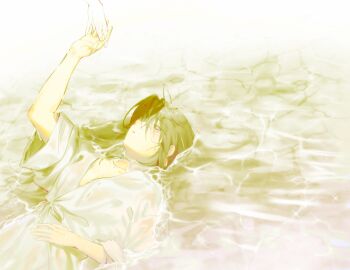 1girl 1other check_copyright collarbone copyright_request dress hair_between_eyes hand_up highres holding_hands in_water looking_to_the_side lying medium_hair on_back original outdoors parted_lips solo_focus sparkle_background unholymilk upper_body wet white_dress wide_sleeves