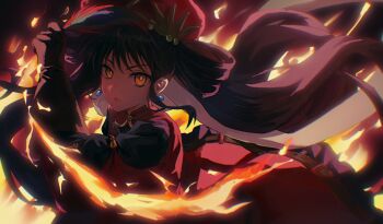 1girl 610rrrrr1 black_dress black_hair blue_gemstone brown_gloves commentary_request dante_alighieri_(hell_maiden) dress earrings fiery_background fire gem gloves hair_rings hand_up hat hell_maiden highres holding holding_quill jewelry long_hair long_sleeves looking_at_viewer orange_eyes parted_lips puffy_sleeves quill red_dress red_hat solo two-tone_dress upper_body very_long_hair