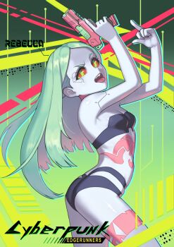 1girl artificial_eye bra breasts colored_sclera colored_skin cyberpunk_(series) cyberpunk_2077 cyberpunk:_edgerunners cyborg green_background green_hair gun handgun highres holding holding_gun holding_weapon leg_tattoo long_hair looking_at_viewer mechanical_eye middle_finger neck_tattoo open_mouth pink_tattoo rebecca_(cyberpunk) red_pupils red_sclera small_breasts solo stomach_tattoo tattoo underwear weapon white_skin yuksi