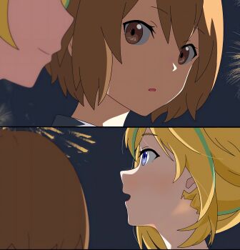 2girls absurdres aerial_fireworks blonde_hair blue_eyes brown_hair commentary dan_yui derivative_work fireworks green_hair highres kouzuki_mahiru multicolored_hair multiple_girls open_mouth short_hair streaked_hair yamanouchi_kano yoru_no_kurage_wa_oyogenai