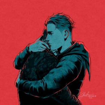 Rule 34 | 2boys, alt text, closed mouth, commentary, english commentary, from side, frown, greyscale with colored background, hans capon, henry of skalitz, highres, hood, hug, kingdom come: deliverance ii, littleskrib, long sleeves, male focus, multiple boys, red background, short hair, short sideburns, sideburns, signature, upper body