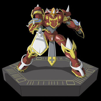 Rule 34 | 1boy, 20s, abs, android, armor, blue eyes, digimon, digimon (creature), digimon frontier, full body, helmet, highres, holding, holding sword, holding weapon, horns, kaisergreymon, looking at viewer, no humans, official art, orange helmet, red armor, simple background, solo, sword, toei company, weapon