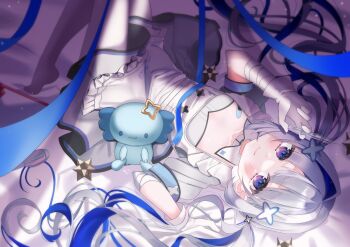 1girl amane_kanata amane_kanata_(nurse) bandaid bandaid_on_breast blue_hair blush breasts closed_mouth collar commentary_request detached_collar dress gloves grey_hair hair_intakes highres holding holding_syringe hololive hosimiya_yume long_hair looking_at_viewer lying nurse official_alternate_costume on_back pantyhose small_breasts smile solo syringe twintails upao_(amane_kanata) very_long_hair virtual_youtuber white_collar white_dress white_gloves white_pantyhose
