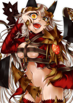 1girl aldra_(queen's_blade) armor bad_id bad_pixiv_id belt_bra brown_hair crazy fangs female_focus heterochromia highres hobby_japan komusou_(jinrikisha) navel pussy queen's_blade queen's_blade_lost_worlds queen_aldra revealing_clothes solo tongue yellow_eyes