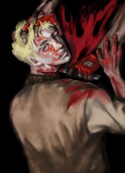 1boy 1other blonde_hair blood blood_on_clothes blood_on_face blood_splatter bloodshot_eyes brown_jacket character_request check_character dieantwoord2580 gloves green_eyes guro hands_up hotline_miami jacket jacket_(hotline_miami) leather leather_jacket looking_at_viewer looking_back male_focus murder out_of_frame parted_lips red_gloves rolling_eyes short_hair slit_throat son_(hotline_miami)