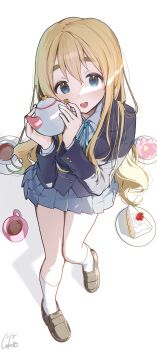 1girl black_jacket blonde_hair blue_eyes blue_skirt cake collared_shirt commentary_request cup food highres holding holding_teapot jacket k-on! kotobuki_tsumugi long_hair long_sleeves looking_at_viewer ningen_mame open_mouth pleated_skirt sakuragaoka_high_school_uniform saucer school_uniform shirt skirt smile socks solo tea teacup teapot white_shirt white_socks