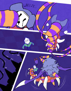 2boys absurdres apron arthropod_boy back_spikes bags_under_eyes bartender black_blood blood blood_on_face body_horror bug cable centipede centipede_boy checkered_floor colored_skin constricted_pupils deltarune ears_down electric_plug green_pippins green_poncho highres looking_up mane mask messy_hair multiple_boys nervous_sweating orange_apron oversized_bug pippins_(deltarune) purple_skin ramb_(deltarune) surprised sweat thewolfisyou transformation utdr_(toby_fox) werewire