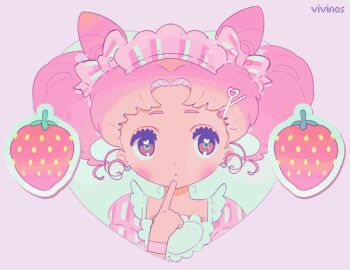 1girl animated animated_gif apron artist_name bishoujo_senshi_sailor_moon blinking bow chibi_usa child cone_hair_bun double_bun earrings faux_retro_artstyle finger_to_own_chin food fruit hair_bow hair_bun heart heart_apron heart_earrings heart_in_eye jewelry multiple_hair_bows multiple_hair_clips pink_eyes pink_hair pink_theme puffy_sleeves strawberry symbol_in_eye twintails vivinos