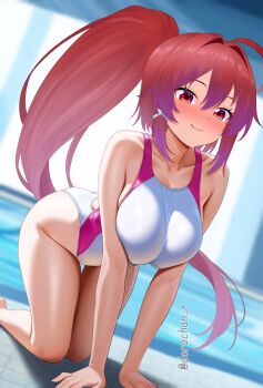 1girl ahoge all_fours alternate_costume blush breasts competition_swimsuit dorachan_r hair_between_eyes hair_ribbon highres i-168_(kancolle) kantai_collection large_breasts long_hair looking_at_viewer one-piece_swimsuit pink_one-piece_swimsuit ponytail red_eyes red_hair ribbon smile solo swimsuit two-tone_one-piece_swimsuit very_long_hair white_one-piece_swimsuit