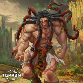 1boy abs angry arms_at_sides bare_arms bare_shoulders biceps black_hair boots brown_boots bush capcom character_request clenched_teeth clothing_request copyright_logo copyright_name copyright_notice copyright_request desert facial_scar feet_out_of_frame foliage forehead grey_sky light_particles logo long_hair looking_at_viewer male_focus multicolored_hair multiple_scars muscular muscular_male nose official_art outdoors parted_bangs pectorals scar scar_across_eye scar_on_arm scar_on_cheek scar_on_chest scar_on_chin scar_on_face scar_on_forehead scar_on_leg scar_on_shoulder scar_on_stomach scars_all_over scenery sky solo teeth tentacle_hair teppen too_many topless_male two-tone_hair v-shaped_eyebrows veins veiny_arms very_long_hair walking walking_towards_viewer yellow_eyes yu_cheng_hong