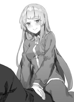 Rule 34 | 1girl, absurdres, blush, closed mouth, collared shirt, commentary request, greyscale, highres, long hair, long sleeves, monochrome, pajamas, pants, rit (shin no nakama), second-party source, shin no nakama janai to yuusha no party wo oidasareta no de henkyou de slow life suru koto ni shimashita, shirt, simple background, smile, solo, straddling, white background, yasumo (kuusouorbital)