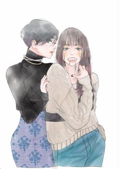 Rule 34 | 2girls, absurdres, black hair, denim, highres, jeans, jewelry, long hair, multiple girls, neck ring, necklace, necklace in mouth, pants, pencil skirt, short hair, simple background, skirt, sweater, teeth, tsumetakute yawaraka, uozumi ami