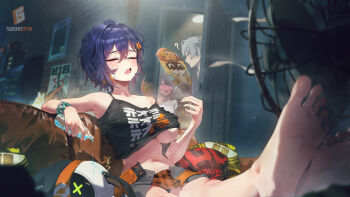 1boy 2girls ? absurdres armpits barefoot belle_(zenless_zone_zero) black_camisole blue_hair blush bottle breasts camisole closed_eyes clothes_lift commentary_request couch crossed_legs electric_fan ellen_joe fanning feet grey_hair grey_skirt hand_fan highres holding holding_bottle holding_fan hot indoors large_breasts multiple_girls on_couch open_mouth paper_fan shirt_lift short_hair sitting skirt soles solo_focus sushispin sweat sweatdrop toes underboob wise_(zenless_zone_zero) zenless_zone_zero