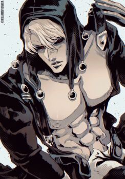 1boy abs bare_pectorals black_coat black_hood black_sclera coat colored_sclera commentary highres hood jojo_no_kimyou_na_bouken kujaarts looking_at_viewer male_focus muscular muscular_male nipples no_shirt open_clothes open_coat pants parted_lips pectorals red_eyes risotto_nero solo vento_aureo