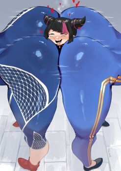 3girls ass ass-to-ass ass_focus between_buttocks blood cammy_white capcom chinese_clothes chun-li double_bun female_pervert hair_bun han_juri head_out_of_frame heart highres lower_body lulu-chan92 mini_person multiple_girls nosebleed pervert street_fighter street_fighter_6 thick_thighs thighs yuri