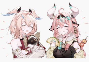 2girls :t ahoge animal_ears aqua_hair backpack bag bare_shoulders bell braid breasts closed_eyes commentary_request cow_ears cow_girl cow_horns cowbell crossed_bangs detached_sleeves eating food fur_trim genshin_impact hair_between_eyes hair_intakes hair_ornament hairband head_wings highres holding holding_bag holding_food holding_skewer horns large_breasts linnea_(genshin_impact) long_hair medium_hair multicolored_hair multiple_girls nirako_mona notice_lines open_mouth pink_hair pointy_ears simple_background skewer sleeves_past_wrists streaked_hair taco twin_braids upper_body varesa_(genshin_impact) white_sleeves wings yellow_sleeves