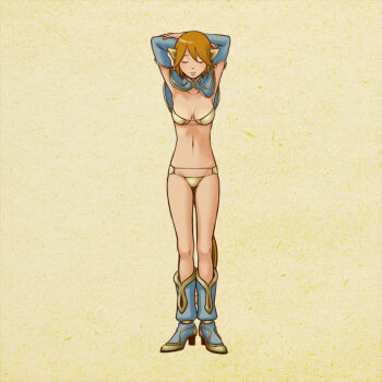 Rule 34 | 1girl, alphabet, animal ears, bad id, bad pixiv id, bikini, bikini top only, brown hair, closed eyes, female focus, genderswap, genderswap (mtf), journey to the west, letter pose, midriff, monkey ears, monkey tail, navel, panties, short hair, solo, sun wukong, swimsuit, tail, underwear, yuuhei