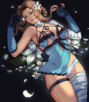 1girl aerith_gainsborough aerith_gainsborough_(garb_of_the_possessed) bandaged_arm bandaged_leg bandaged_neck bandages black_gloves blue_negligee blue_sleeves braid braided_hair_rings breasts brown_hair cleavage closed_mouth cosplay cowboy_shot falling_petals final_fantasy final_fantasy_vii final_fantasy_vii:_ever_crisis flower gloves green_eyes hair_flower hair_ornament hair_rings highres kaine_(nier) kaine_(nier)_(cosplay) lingerie long_hair looking_at_viewer medium_breasts negligee nier nier_(series) official_alternate_costume panties parted_bangs patreon_username petals sideboob sidelocks sign single_bare_shoulder solo thigh_strap underboob underwear wei_(promise_0820) white_flower white_panties white_petals