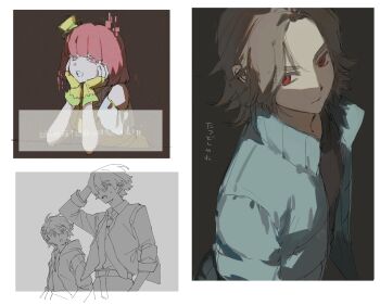 Rule 34 | 0e0n0 2, 1girl, bare shoulders, blue jacket, brown hair, fingerless gloves, gloves, hat, hidari shoutarou, highres, jacket, kamen rider, kamen rider ex-aid (series), kamen rider ryuki (series), kamen rider w, kido shinji, looking at viewer, multiple boys, necktie, open clothes, open jacket, open mouth, philip (kamen rider), pink eyes, pink hair, pink hat, poppi pipopapo, red eyes