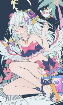 1girl absurdres ankle_bow ankle_ribbon azusa_(blue_archive) azusa_(swimsuit)_(blue_archive) bikini blue_archive bow bow_bikini breasts coconut_tree commentary_request flat_color flower frilled_bikini frills hair_between_eyes hair_bow hair_flower hair_ornament hairclip halo highres jewelry leg_ribbon light_blush necklace official_alternate_costume open_mouth palm_tree peroro_(blue_archive) pink_bow purple_bow purple_eyes purple_flower ribbon sandals small_breasts solo striped_bow swimsuit tiandingfengren tree white_hair