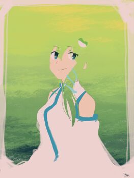 1girl blending blue_eyes border closed_mouth collared_shirt commentary detached_sleeves frog_hair_ornament green_background green_hair hair_ornament highres irohasu_(sasagarasu) kochiya_sanae long_hair looking_at_viewer shirt sidelocks signature sleeveless sleeveless_shirt smile snake_hair_ornament solo touhou upper_body white_border white_shirt white_sleeves