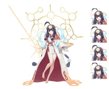 1girl absurdres ahoge barefoot black_hair commentary_request hair_ornament highres light_smile long_hair long_legs long_sleeves looking_at_viewer multiple_views original pelvic_curtain red_ribbon ribbon simple_background tokaki wide_sleeves