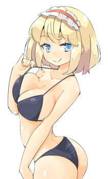 1girl alice_margatroid arnest ass bikini bikini_pull black_bikini blonde_hair blue_eyes blush breasts closed_mouth clothes_pull from_side hairband highres large_breasts lolita_hairband looking_at_viewer medium_hair smile solo swimsuit touhou white_background