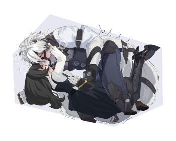 1boy 1girl black_dress black_gloves black_hair black_vest blush body_fur claws commentary_request cramped dress fingerless_gloves full_body gloves heavy_breathing hetero highres kiss long_hair lying mechanical_legs on_back short_hair stuck_in_a_box tahol_dr tail translation_request twitching vest von_lycaon white_background white_fur white_hair zenless_zone_zero