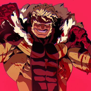 1boy blonde_facial_hair blonde_hair blood blood_on_clothes blood_on_face blood_on_hands bodysuit brown_bodysuit covered_abs facial_hair fur-trimmed_bodysuit grin headband highres male_focus marvel mature_male muscular muscular_male red_background red_headband sabertooth_(x-men) short_hair sideburns smile solo thechaseconley thick_eyebrows upper_body x-men yellow_bodysuit