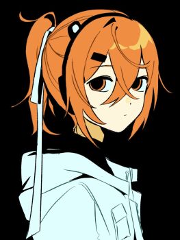 1girl adachi_rei alternate_hairstyle avocado_hamburg black_background black_shirt closed_mouth expressionless from_side hair_between_eyes hair_ornament hair_ribbon hairpin headlamp headpiece high_ponytail highres hood hood_down hooded_jacket jacket looking_at_viewer medium_hair open_clothes open_jacket orange_eyes orange_hair ponytail radio_antenna ribbon shirt sidelocks solo turning_head turtleneck utau white_jacket white_ribbon