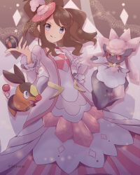 1girl 343rone :q absurdres brown_hair closed_mouth commentary_request diancie dress gen_5_pokemon gen_6_pokemon grey_eyes hand_up hat highres hilda_(pokemon) hilda_(special_costume)_(pokemon) holding holding_poke_ball legendary_pokemon long_hair luxury_ball mini_hat mythical_pokemon nintendo official_alternate_costume pink_headwear poke_ball pokemon pokemon_(creature) pokemon_masters_ex sidelocks smile tepig tongue tongue_out twitter_username
