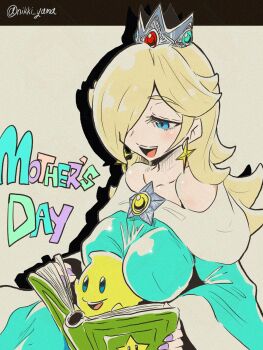 1girl 1other bare_shoulders between_breasts blonde_hair blue_eyes blush book breasts breasts_apart collarbone colored_eyebrows crown dress earrings english_text hair_over_one_eye hat highres holding holding_book jewelry large_breasts long_dress long_hair luma_(mario) mario_(series) mother's_day nail_polish nikki_yama nintendo purple_nails reading rosalina shadow shooting_star_ornament simple_background sitting smile star_(symbol) star_earrings teeth twitter_username upper_body upper_teeth_only white_background wide_sleeves