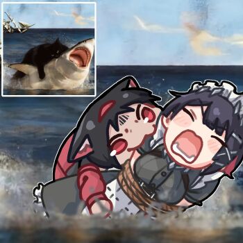 2girls :3 apron biting black_hair blush breasts cat cat_girl closed_eyes cloud ellen_joe grey_hair highres long_sleeves maid_apron maid_headdress medium_breasts meme multiple_girls nekomiya_mana ocean open_mouth red_eyes rogue_dojeog rope shark shark_girl water zenless_zone_zero