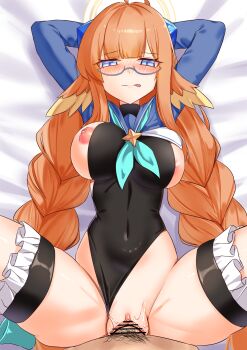 1boy 1girl absurdres bar_censor black_leotard blue_archive blue_eyes blush braid breasts censored clothing_aside commentary_request feather_hair frilled_thigh_strap hetero highres large_breasts leotard leotard_aside licking_lips long_hair looking_at_viewer lying official_alternate_costume on_back orange_hair pussy sex shimiko_(blue_archive) shimiko_(magical)_(blue_archive) shrug_(clothing) thigh_strap thighs threeboon tongue tongue_out twin_braids vaginal very_long_hair