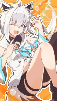 1girl absurdres ahoge animal_ear_fluff animal_ear_piercing aqua_eyes aqua_neckerchief aqua_trim black_shorts black_thighhighs blush breasts commentary_request detached_sleeves double_fox_shadow_puppet efinill fox_shadow_puppet front_slit hair_between_eyes highres hololive long_hair long_sleeves looking_at_viewer medium_breasts navel neckerchief one_eye_closed shirakami_fubuki shirakami_fubuki_(1st_costume) shirt short_shorts shorts single_thighhigh smile solo stomach thigh_strap thighhighs white_hair white_shirt wide_sleeves