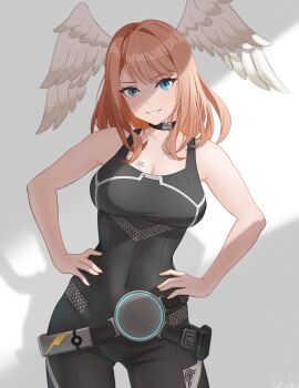 1girl absurdres bare_shoulders black_bodysuit black_choker blue_eyes bodysuit breast_tattoo breasts brown_hair choker commentary covered_navel cowboy_shot eunie_(xenoblade) grin hands_on_own_hips head_wings highres ibouki long_hair looking_at_viewer medium_hair no_jacket parted_lips signature smile solo tattoo white_wings wings xenoblade_chronicles_(series) xenoblade_chronicles_3
