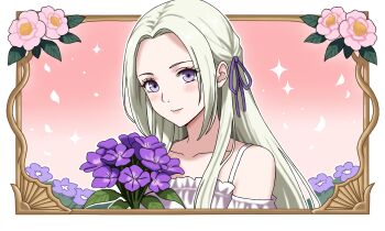1girl alternate_costume closed_mouth edelgard_von_hresvelg fire_emblem fire_emblem:_three_houses flower hair_ribbon highres long_hair looking_at_viewer nekomoni nintendo purple_eyes purple_flower purple_ribbon ribbon solo white_hair