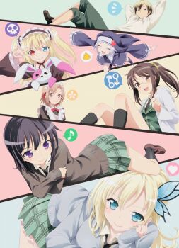 1boy 6+girls apron black_cardigan black_dress black_hair black_necktie black_socks blonde_hair blue_cardigan blue_dress blue_eyes blue_headwear boku_wa_tomodachi_ga_sukunai butterfly_hair_ornament cardigan cherry_blossoms coat dress frilled_apron frills gothic_lolita gradient_hair green_pants green_skirt hair_ornament hairband hasegawa_kobato hasegawa_kodaka heart heterochromia highres hugging_doll hugging_object kashiwazaki_sena kusunoki_yukimura lab_coat loafers lolita_fashion lolita_hairband long_hair looking_at_viewer maid_apron maid_headdress mars_symbol mikazuki_yozora multicolored_hair multiple_girls musical_note necktie nun open_clothes open_coat orange_eyes pants plaid_clothes plaid_skirt ponytail poop purple_eyes red_eyes school_uniform shiguma_rika shirt shoes short_hair skirt skull socks speech_bubble st._chronica_academy_school_uniform stuffed_animal stuffed_rabbit stuffed_toy sweatdrop takayama_maria watanabe_yoshihiro white_apron white_hair white_shirt