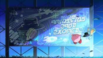 absurdres ad_(object) billboard colored_skin elfilin fake_text hat highres higuchi_megumi holding holding_unworn_clothes holding_unworn_hat kirby kirby_(series) kirby_and_the_forgotten_land microphone musical_note night nintendo no_humans notched_ear pink_skin rocket star-crossed_world star_(sky) unworn_hat unworn_headwear