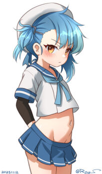 arm_warmers blue_hair blue_neckerchief blue_sailor_collar blue_skirt brown_eyes fukae_(kancolle) gradient_hair groin hat kantai_collection looking_to_the_side multicolored_hair navel neckerchief ray.s sailor_collar sailor_hat side_ponytail single_arm_warmer skirt temporal_hairline white_hat