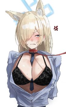 1girl absurdres anger_vein animal_ears between_breasts biting_own_lip blonde_hair blue_archive blue_eyes breasts cleavage commentary dog_ears dog_girl english_commentary highres holding holding_leash kanna_(blue_archive) large_breasts leash long_hair necktie necktie_between_breasts noloi419 open_clothes open_shirt simple_background white_background