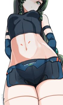 1girl arms_behind_back bare_shoulders black_shorts black_sports_bra blue_gloves braid breasts commentary_request elbow_gloves gloves green_eyes green_hair hair_ribbon highres long_hair looking_at_viewer navel nosuku qingyi_(zenless_zone_zero) revision ribbon short_shorts shorts sidelocks small_breasts solo sports_bra thighs twin_braids twintails zenless_zone_zero