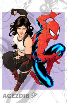 1boy 1girl acezdib bare_shoulders black_pants black_sports_bra blue_bodysuit bodysuit boots breasts brown_boots brown_hair crop_top crossover final_fantasy final_fantasy_vii full_body highres long_hair marvel medium_breasts navel pants purple_background red_bodysuit spider-man spider-man_(series) sports_bra tank_top tifa_lockhart white_tank_top zoom_layer