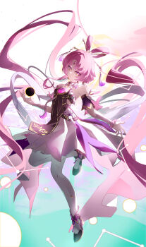 1girl abstract_background absurdly_long_hair absurdres bare_shoulders commentary_request detached_sleeves dress feixianji_(hairstyle) floating_hair forehead_jewel fu_xuan_(honkai:_star_rail) full_body hair_ornament hair_rings hair_stick highres honkai:_star_rail honkai_(series) long_hair looking_at_viewer low_twintails naegi_(naegifutaba) pantyhose parted_lips pink_hair shoes solo standing standing_on_one_leg tassel tassel_hair_ornament twintails very_long_hair white_pantyhose yellow_eyes