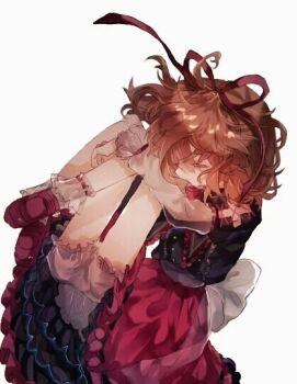 1girl adapted_costume black_shirt blonde_hair bloomers blouse bobby_socks bow bowtie brown_hair bubble_skirt capelet closed_eyes colored_eyelashes commentary_request cross-laced_clothes doll fetal_position frilled_shirt frilled_shirt_collar frilled_sleeves frilled_socks frills layered_sleeves lolita_fashion long_sleeves mary_janes medicine_melancholy petticoat puffy_sleeves red_bow red_bowtie red_ribbon red_shoes ribbon ribbon-trimmed_socks ribbon_trim shinjitsu_no_kuchi shirt shoes short_hair short_over_long_sleeves short_sleeves simple_background skirt socks solo tag touhou underwear wavy_hair white_background