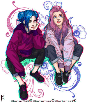 2girls alternate_costume alternate_hairstyle artist_name black_footwear black_pants blue_nails floral_print flower grin highres hood hood_down hoodie jinx_(league_of_legends) knees_up koiarts league_of_legends long_hair long_sleeves multicolored_hair multiple_girls nail_polish one_eye_closed pants pink_eyes pink_hair pink_hoodie purple_hoodie red_lips seraphine_(league_of_legends) shoes short_hair sitting smile teeth tongue tongue_out two-tone_hair two-tone_hoodie white_background