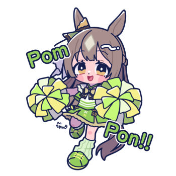 1girl animal_ears blush blush_stickers bow braid brown_eyes brown_hair cheerleader chibi chibi_only double-parted_bangs ear_ornament green_jacket green_skirt green_socks hair_between_eyes half_up_braid holding holding_pom_poms horse_ears horse_girl horse_tail jacket long_hair looking_at_viewer multicolored_hair open_clothes open_jacket open_mouth pom_pom_(cheerleading) pom_poms satono_diamond_(umamusume) shirt simple_background skirt smile socks solo streaked_hair tail umamusume very_long_hair wtnkkon yellow_bow
