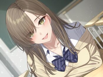 Rule 34 | 1girl, arms on table, blue bow, blurry, blurry background, bow, bowtie, breasts, brown hair, cardigan, chalkboard, classroom, collarbone, commentary request, depth of field, desk, dress shirt, dutch angle, go-1, green eyes, hair over one eye, highres, indoors, light blush, light particles, long hair, looking at viewer, medium breasts, original, school desk, school uniform, shirt, single off shoulder, solo, tongue, tongue out, white shirt, yellow cardigan