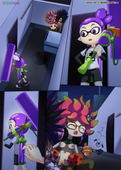 1girl 2boys agent_3_(splatoon) annie_(splatoon) breasts breasts_out girl_on_top hetero highres inkling inkling_boy inkling_player_character medium_breasts multiple_boys nintendo non-web_source orange_thighhighs palcomix print_thighhighs shota splat_roller_(splatoon) splatoon_(series) splatoon_1 spyke_(splatoon) straddling tagme tentacle_hair thighhighs unworn_clothes vaginal