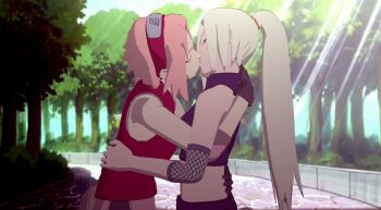 2girls 3d breasts closed_eyes haruno_sakura kaikorrane kiss long_hair multiple_girls naruto_(series) naruto_shippuuden pink_hair purple_hair yamanaka_ino yuri